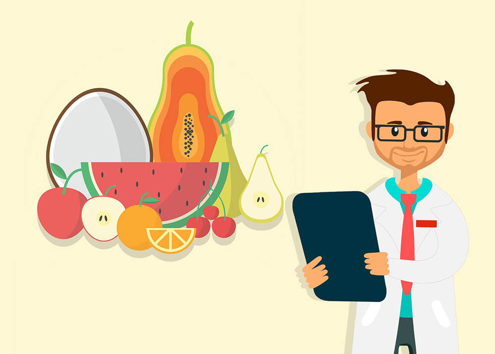 Графический рисунок, на котором изображен мужчина в медицинском белом халате с планшетом и разнообразные фрукт